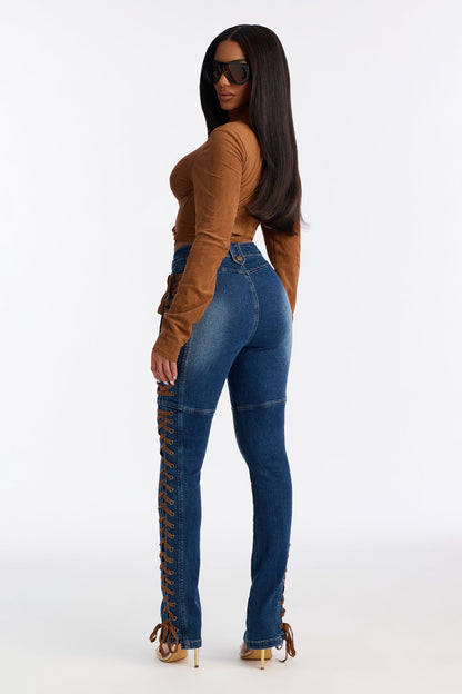 Petite Jaw Dropper Stretch Lace Up Bootcut Jeans - Dark Wash