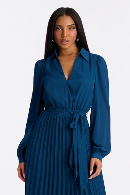 Ariella Tie Waist Pleated Midi Dress - Navy