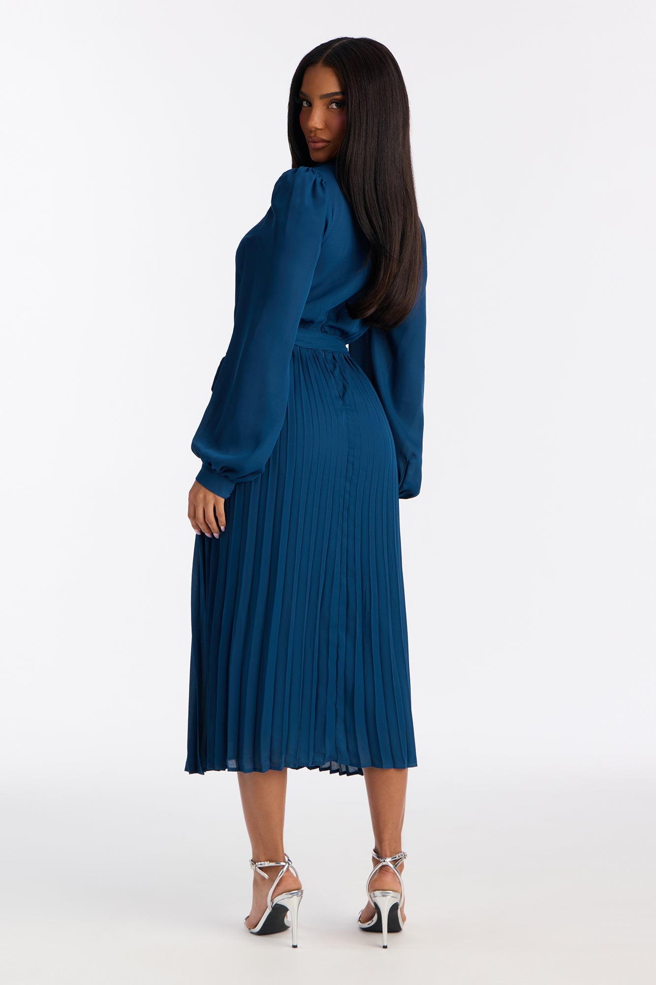 Ariella Tie Waist Pleated Midi Dress - Navy