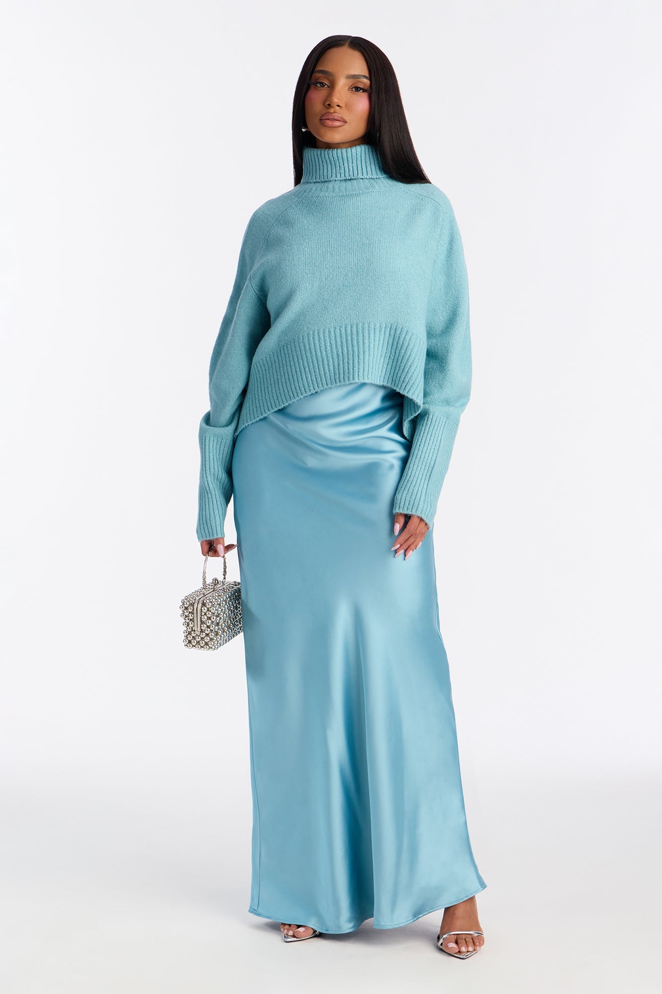 Always Near Satin Sweater Maxi Dress Set - Blue