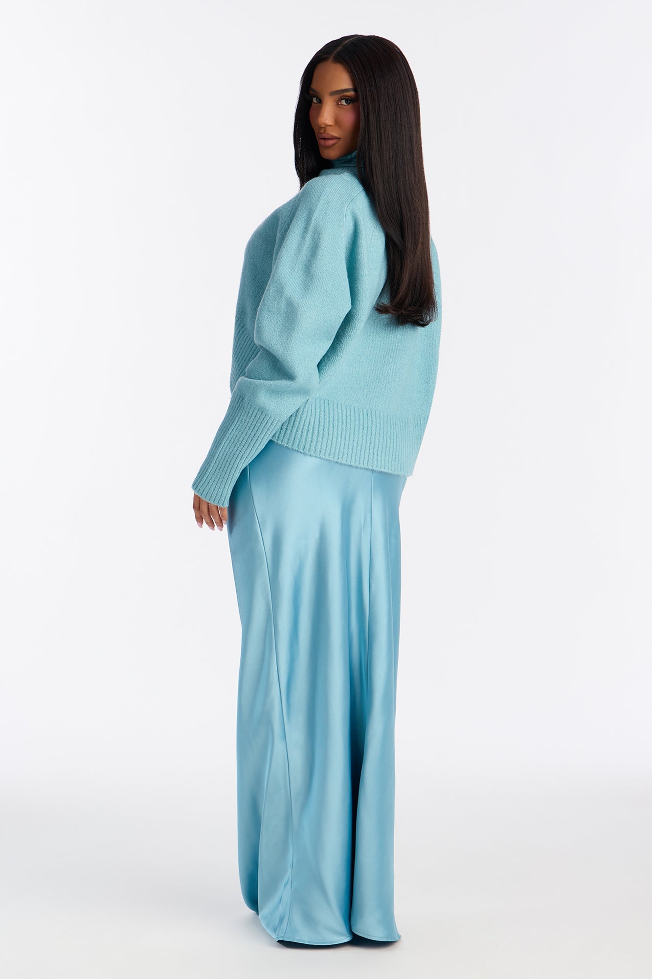 Always Near Satin Sweater Maxi Dress Set - Blue