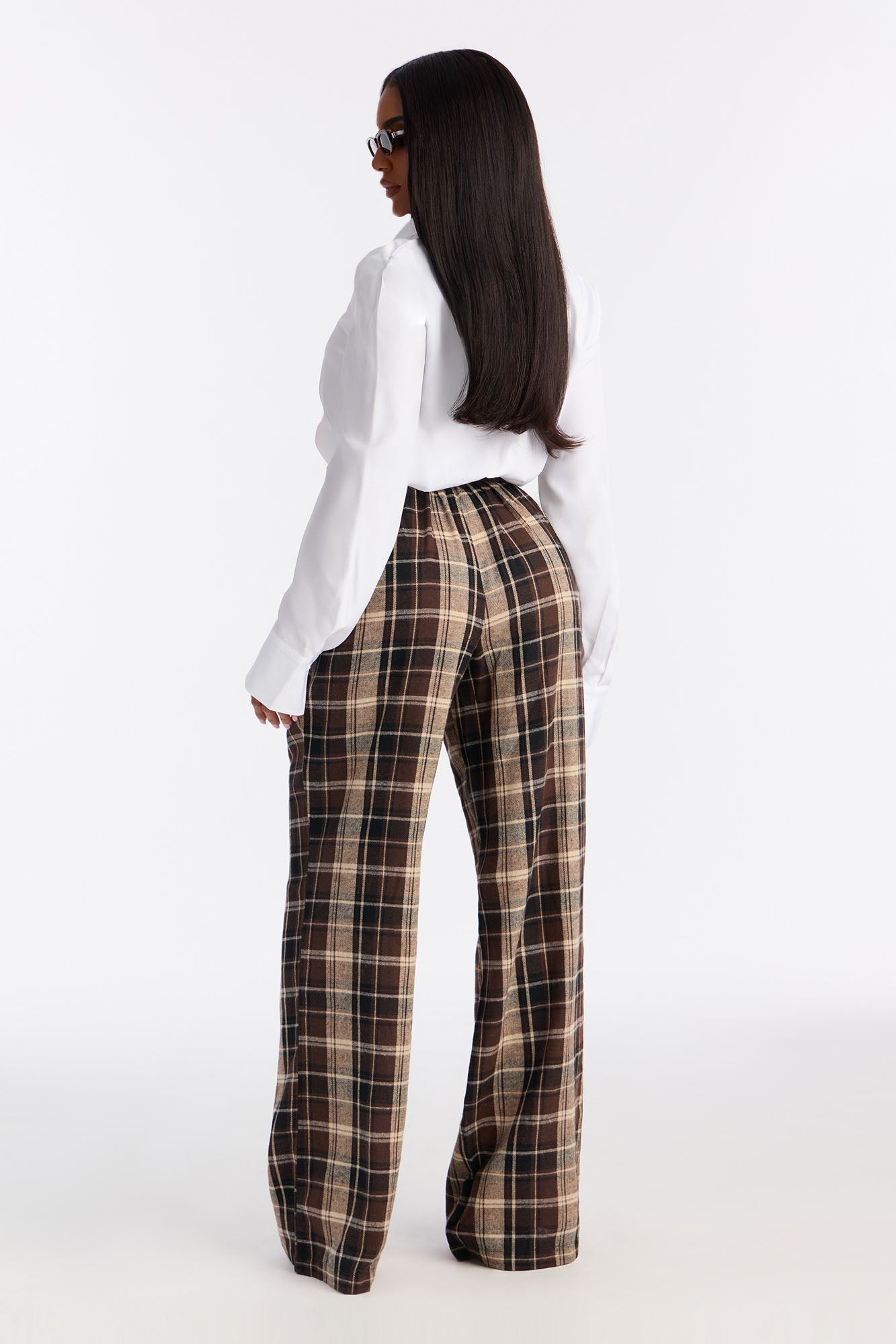 Breanna Flannel Plaid Wide Leg Collar Jumpsuit - Brown/combo
