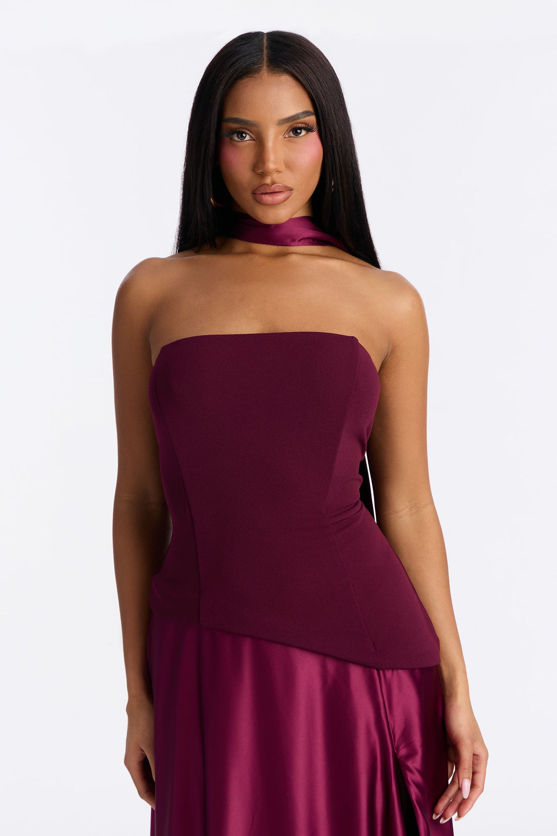 Marlene Scarf Satin Gown - Burgundy
