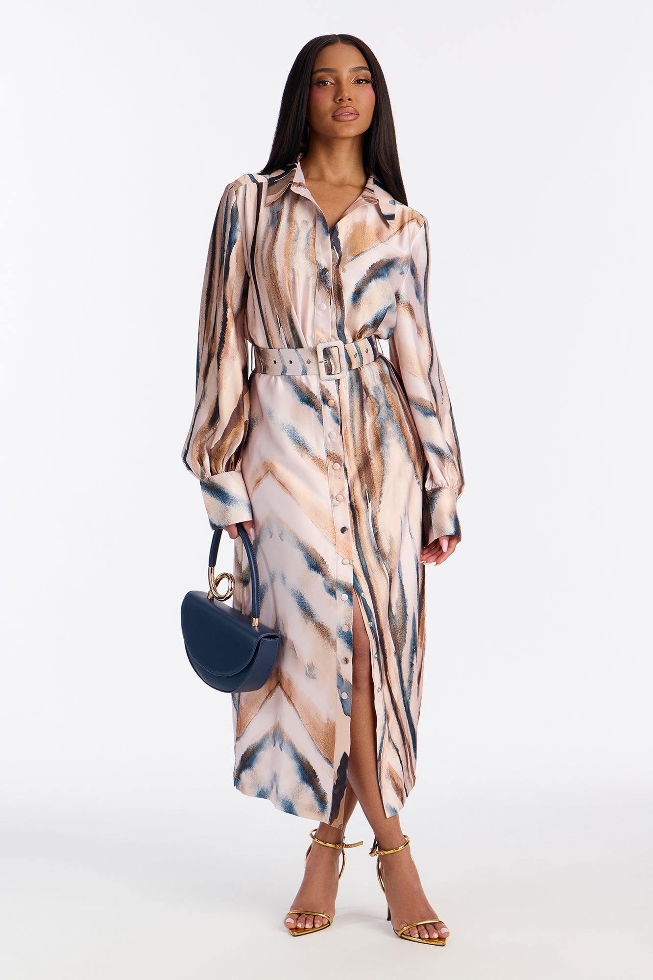 Kaleen Belted Satin Midi Dress - Brown Combo