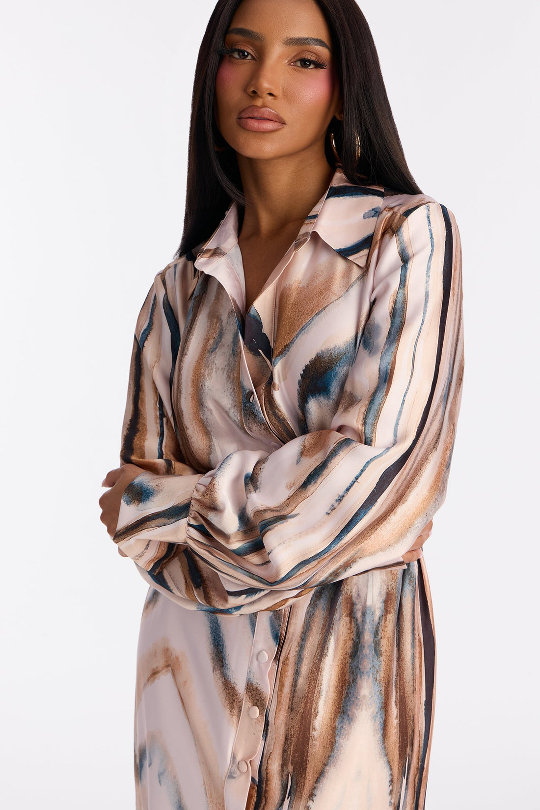 Kaleen Belted Satin Midi Dress - Brown Combo