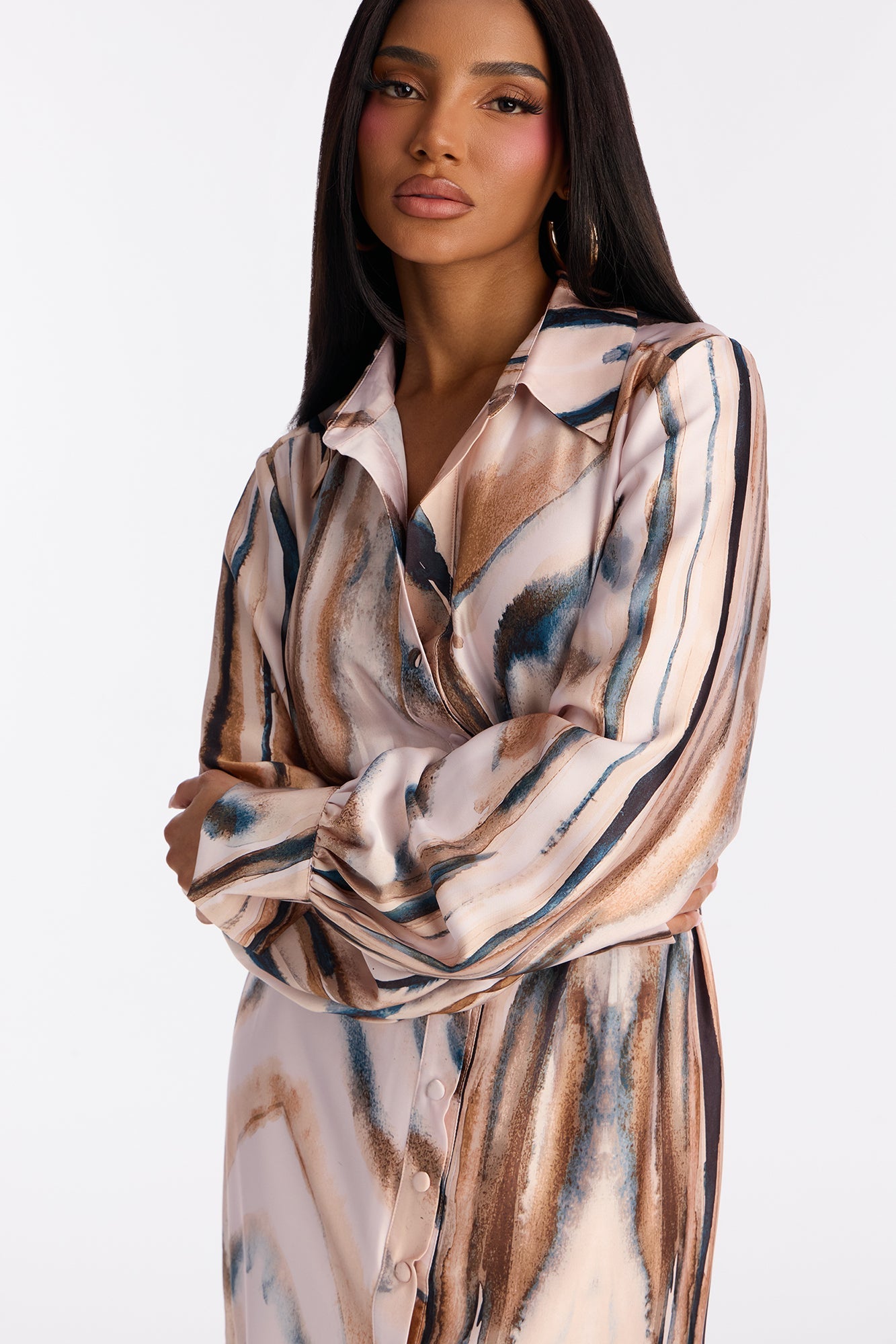 Kaleen Belted Satin Midi Dress - Brown Combo