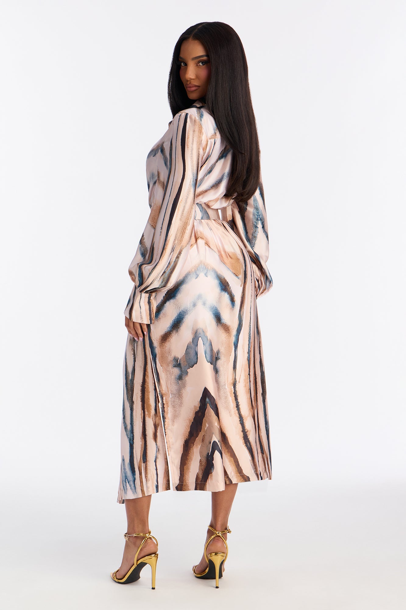 Kaleen Belted Satin Midi Dress - Brown Combo