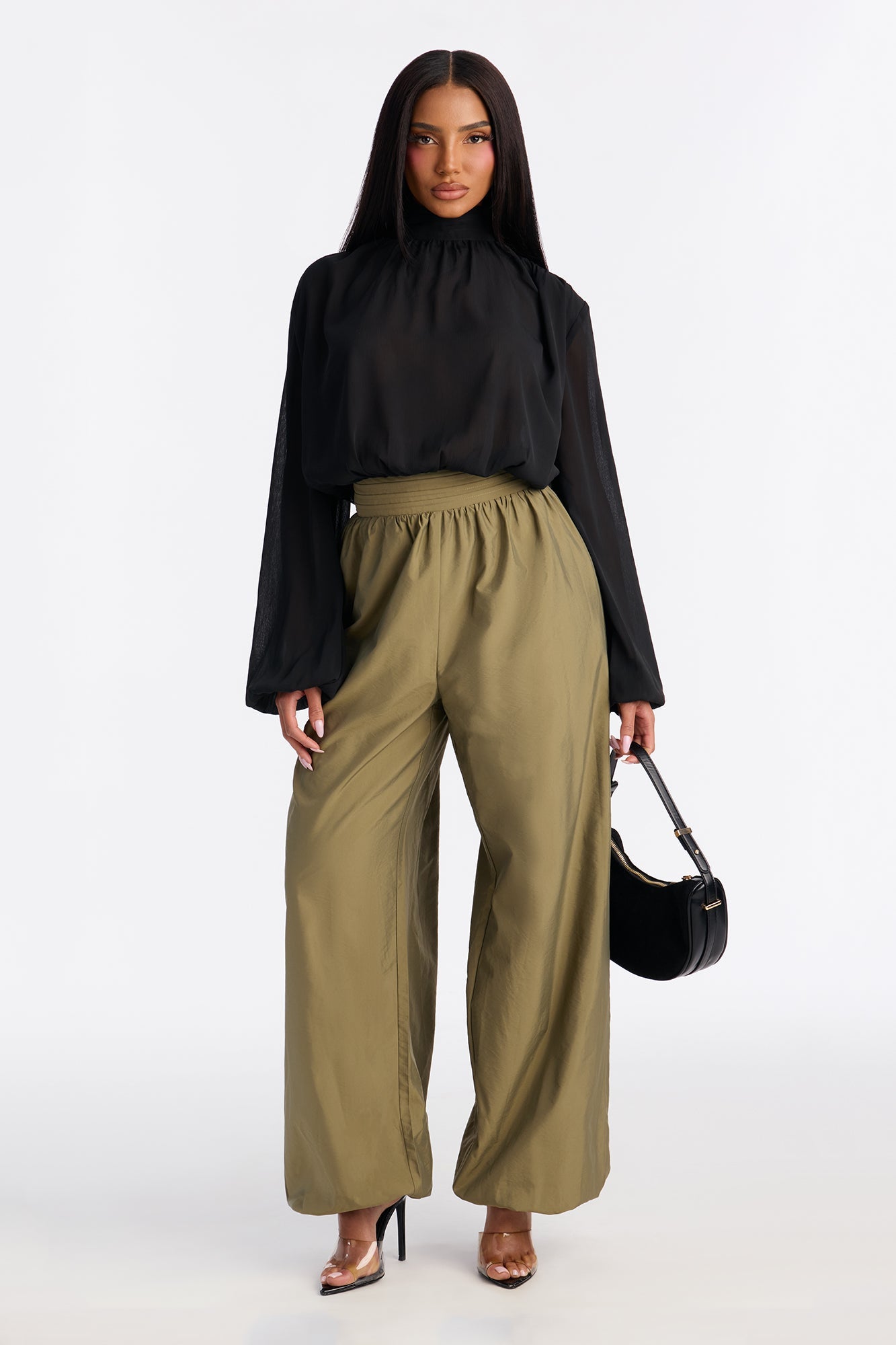 Karina Mock Neck Balloon Wide Leg Jumpsuit - Olive/combo