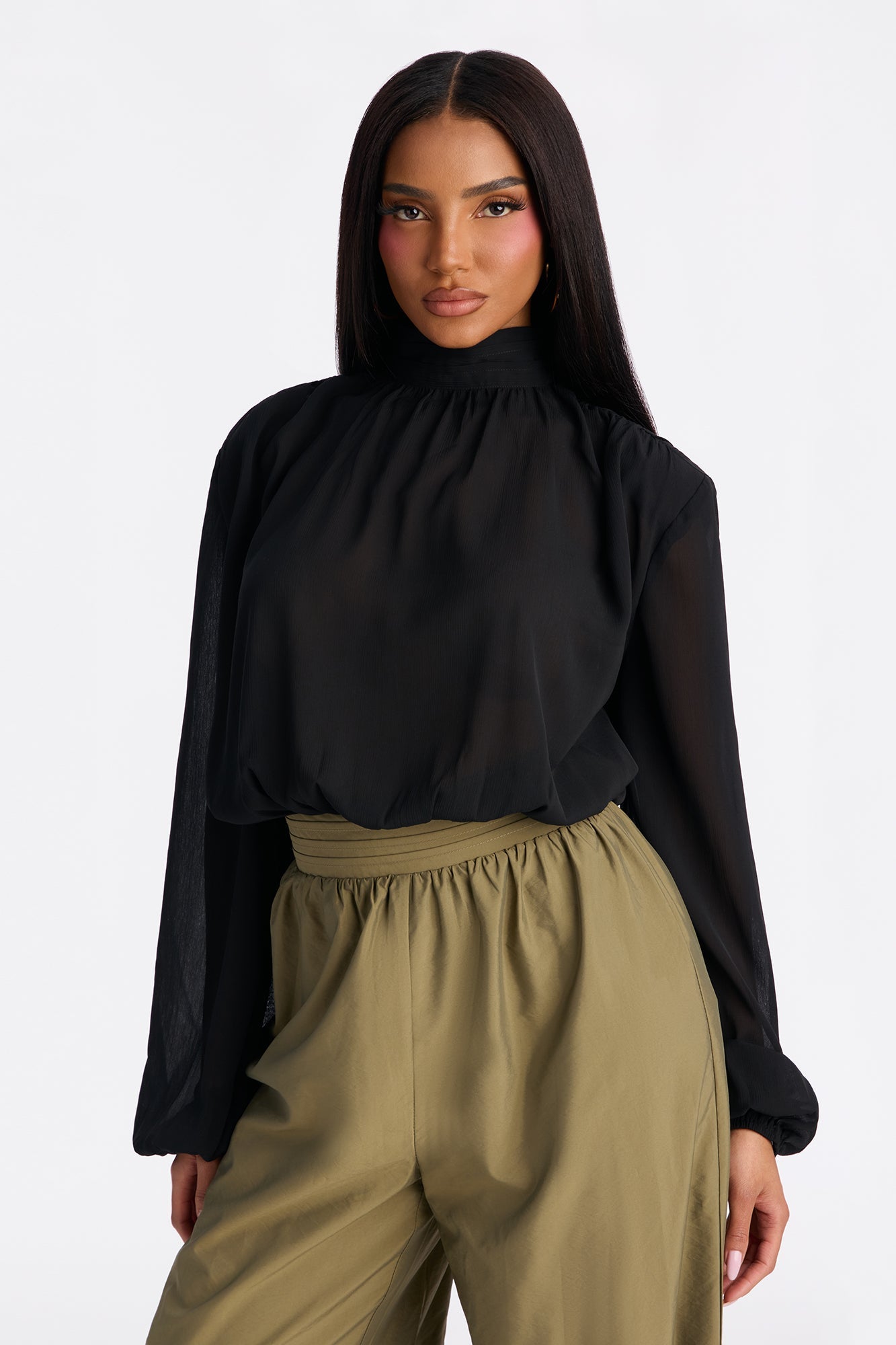 Karina Mock Neck Balloon Wide Leg Jumpsuit - Olive/combo