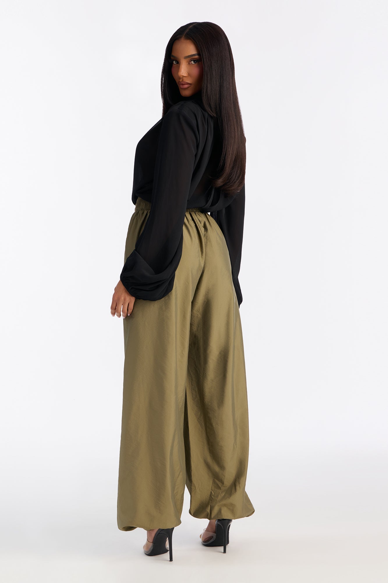 Karina Mock Neck Balloon Wide Leg Jumpsuit - Olive/combo