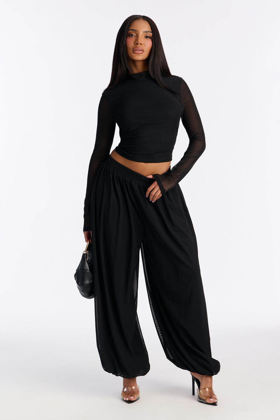 Mariah Mock Neck Mesh Balloon Pant Set - Black