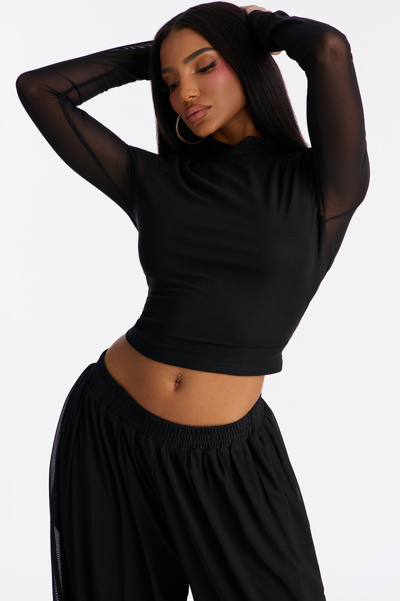 Mariah Mock Neck Mesh Balloon Pant Set - Black