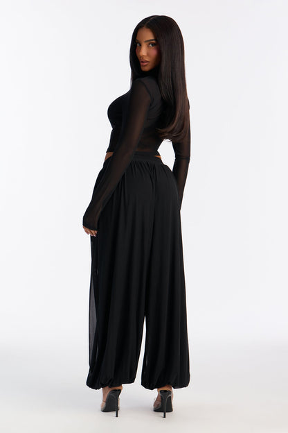Mariah Mock Neck Mesh Balloon Pant Set - Black