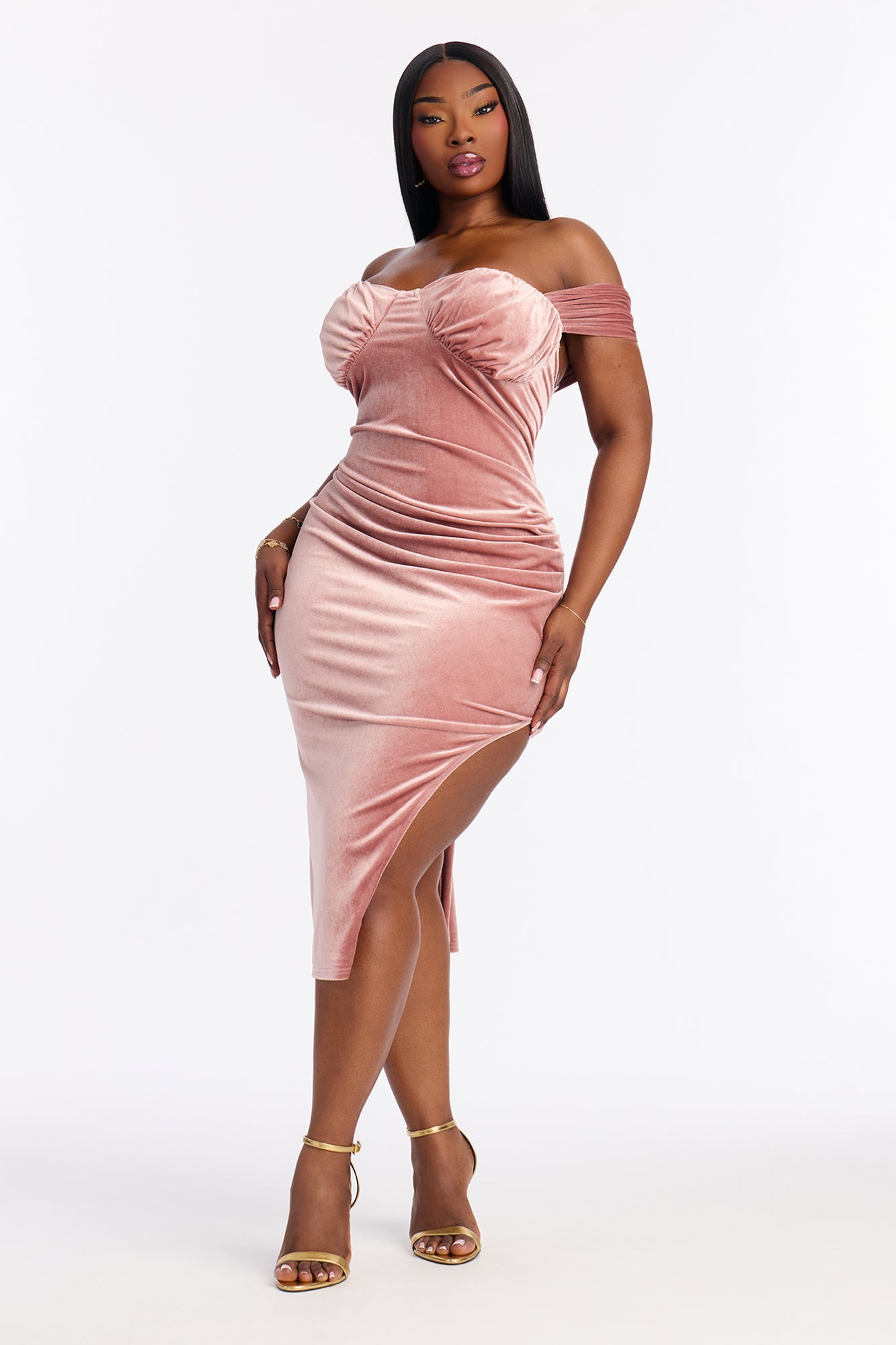 Rose All Day Off Shoulder Velvet Midi Dress - Mauve