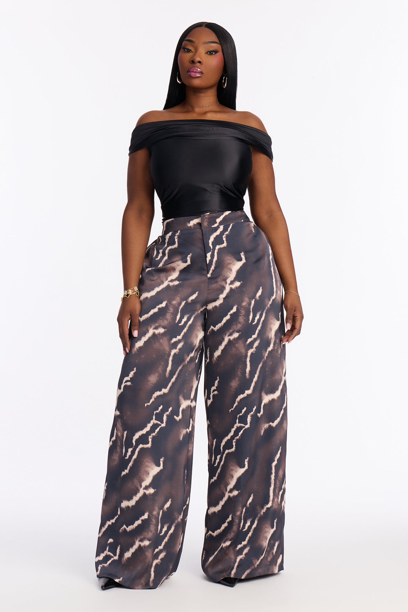 Fleur Satin Wide Leg Pant 33″ - Grey/combo