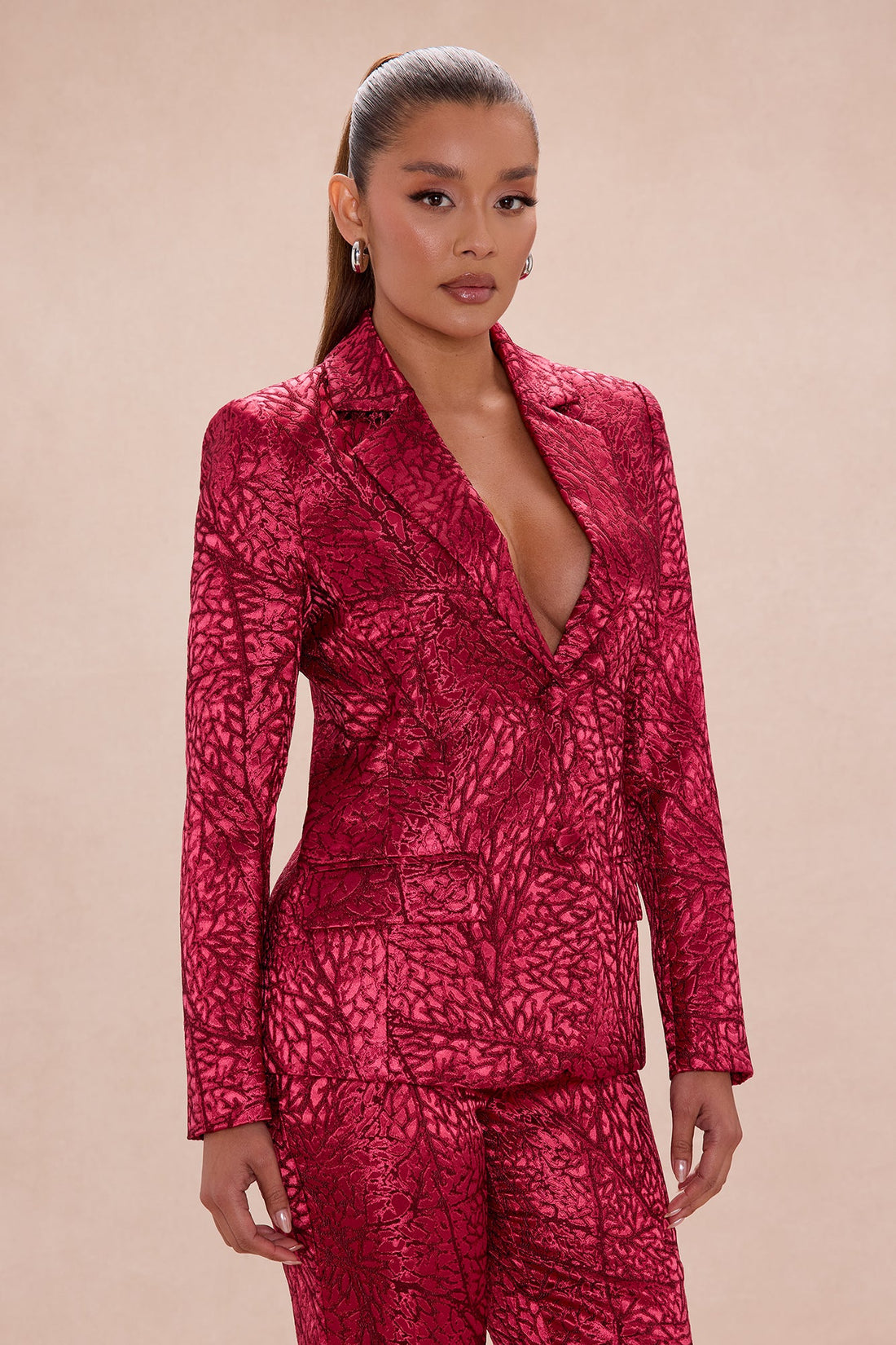 Blaire Jacquard Blazer Pant Set - Burgundy/combo