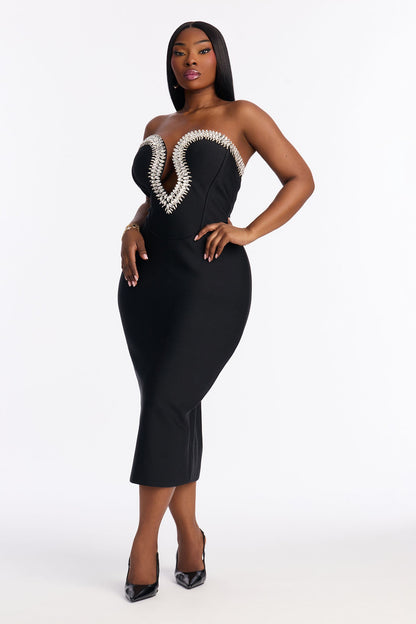 Liora Rhinestone Trim Bandage Midi Dress - Black