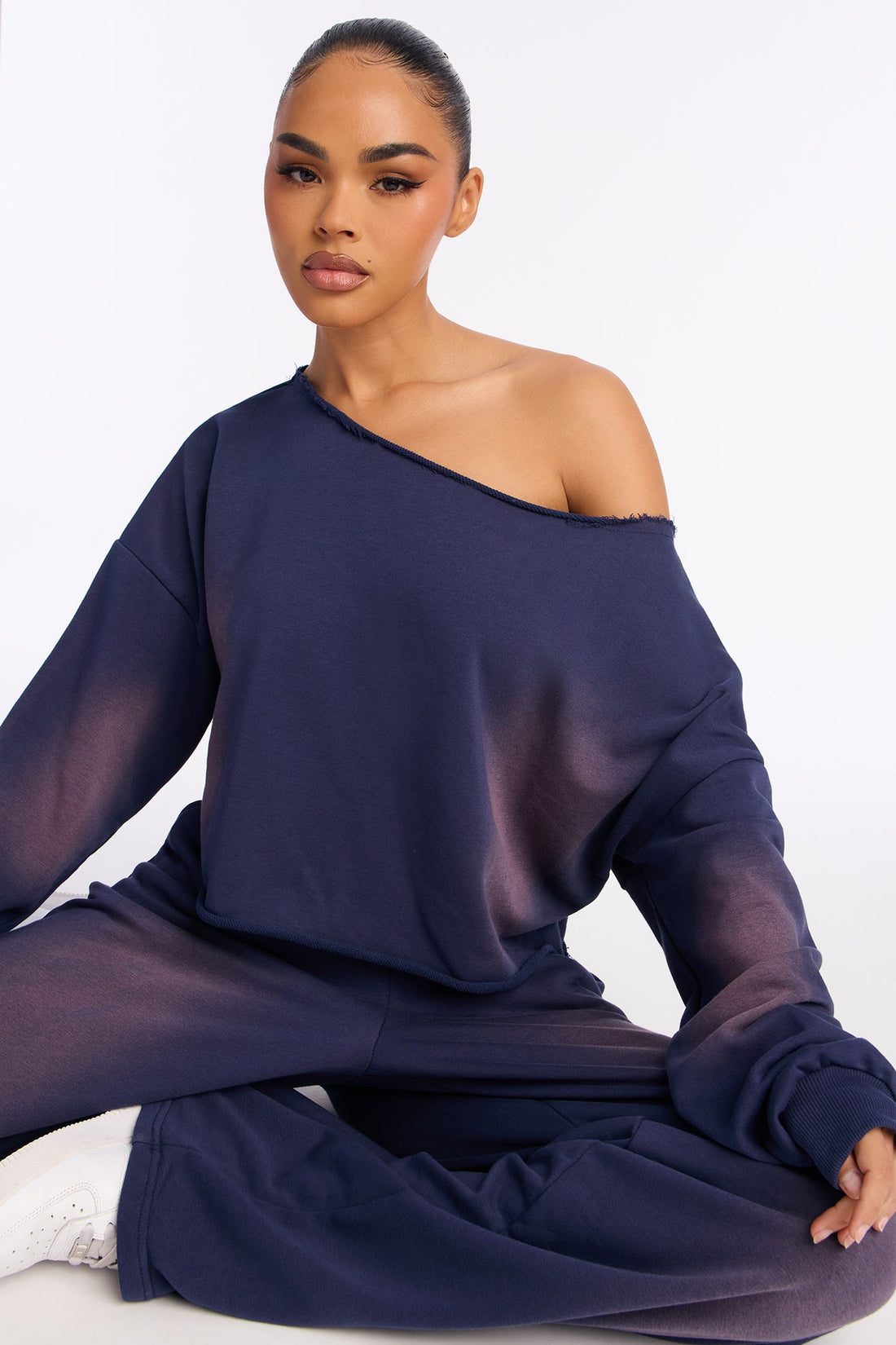 Effortless Fade Washed Off Shoulder Sweatshirt - Navy