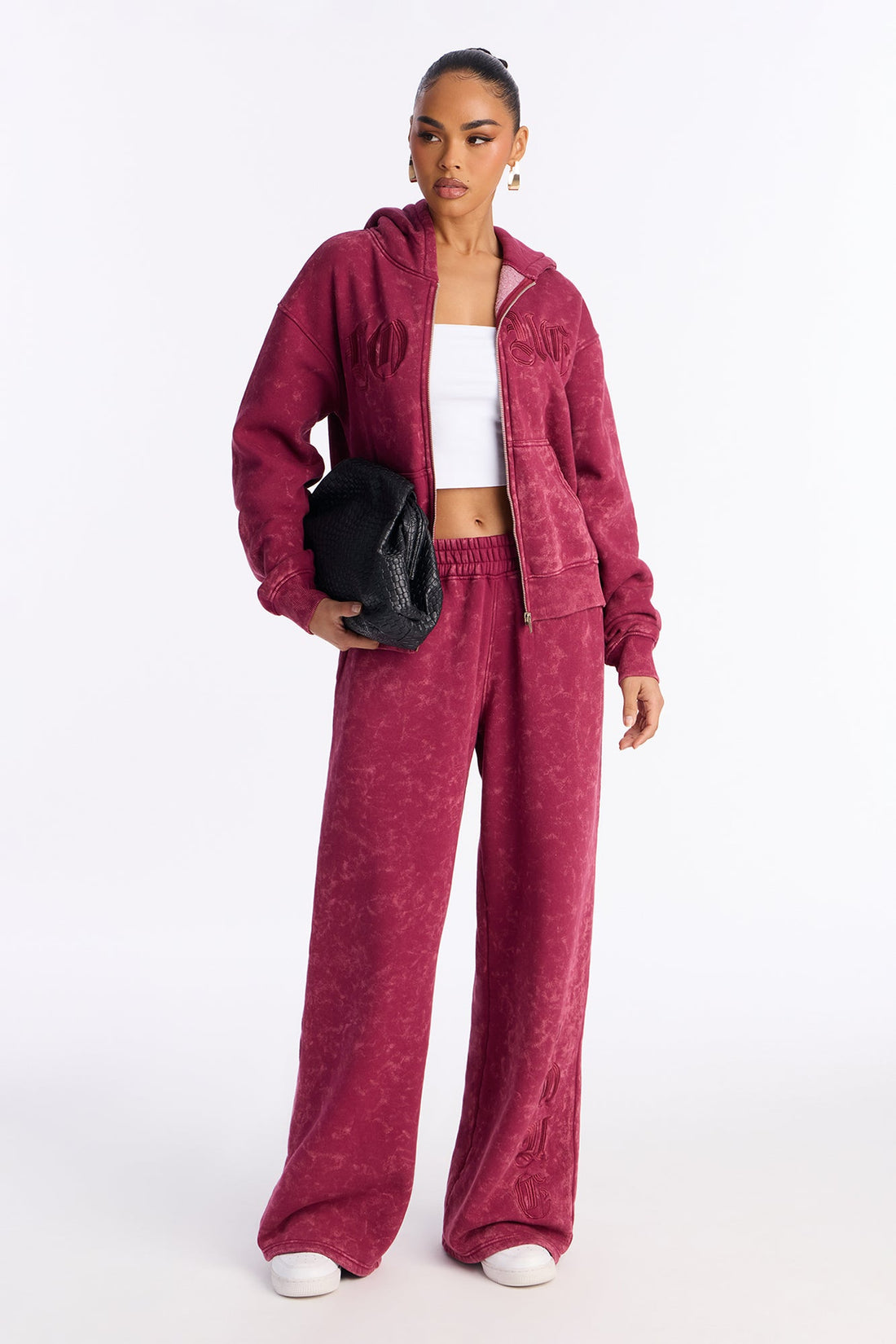 Love Club Embroidered Fleece Pant Set - Wine