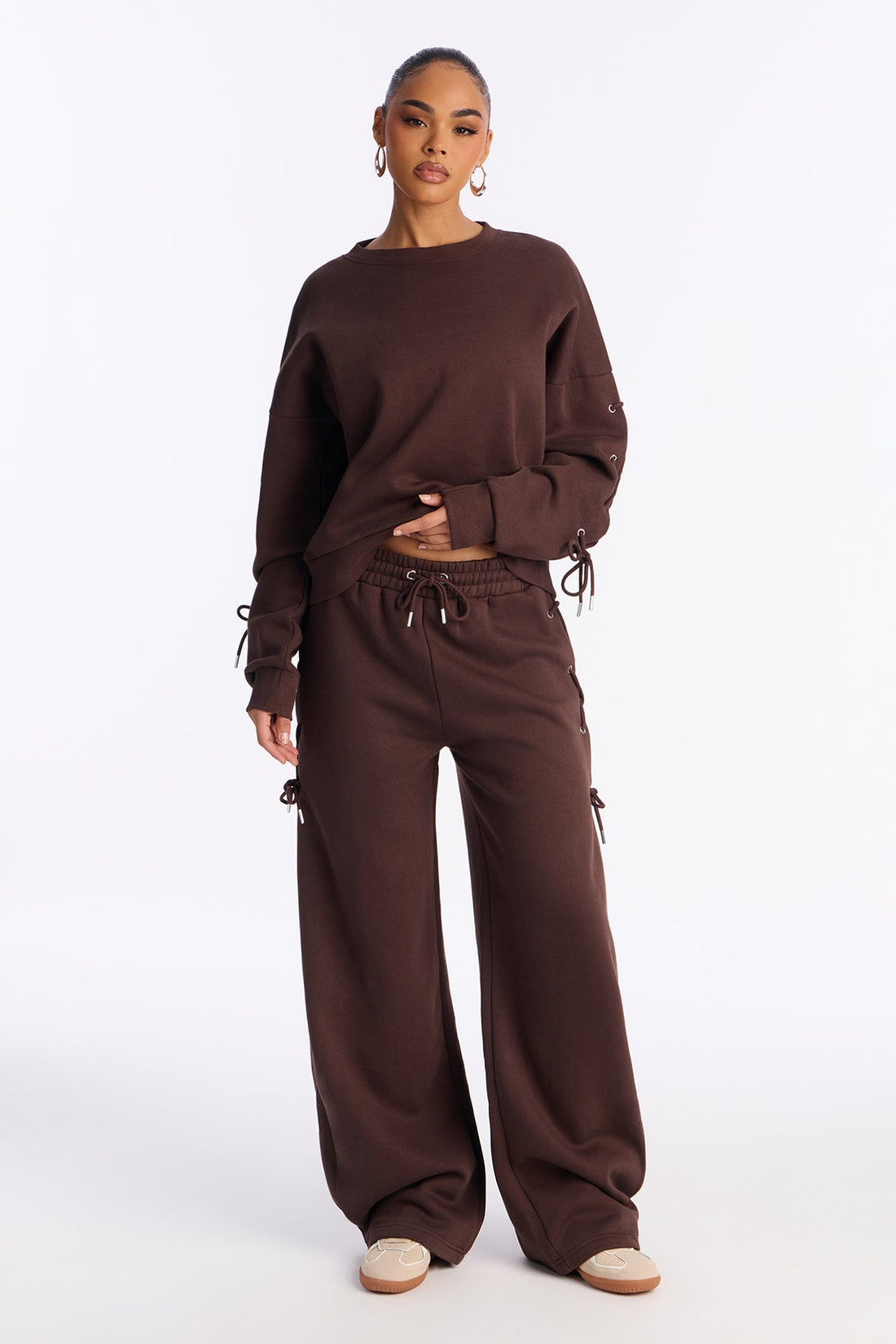 Caro Lace Up Sweatshirt Set - Brown