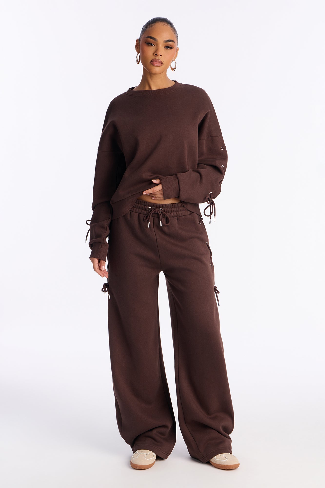 Caro Lace Up Sweatshirt Set - Brown