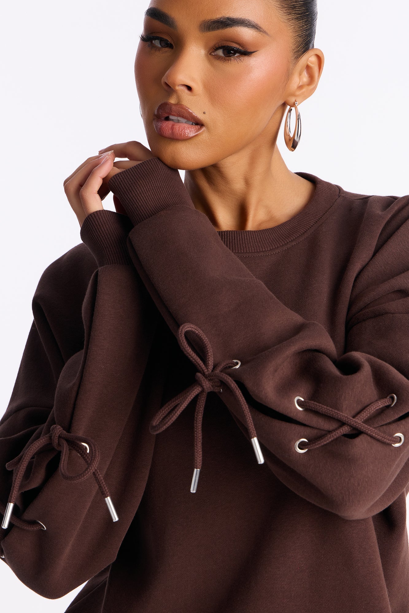Caro Lace Up Sweatshirt Set - Brown