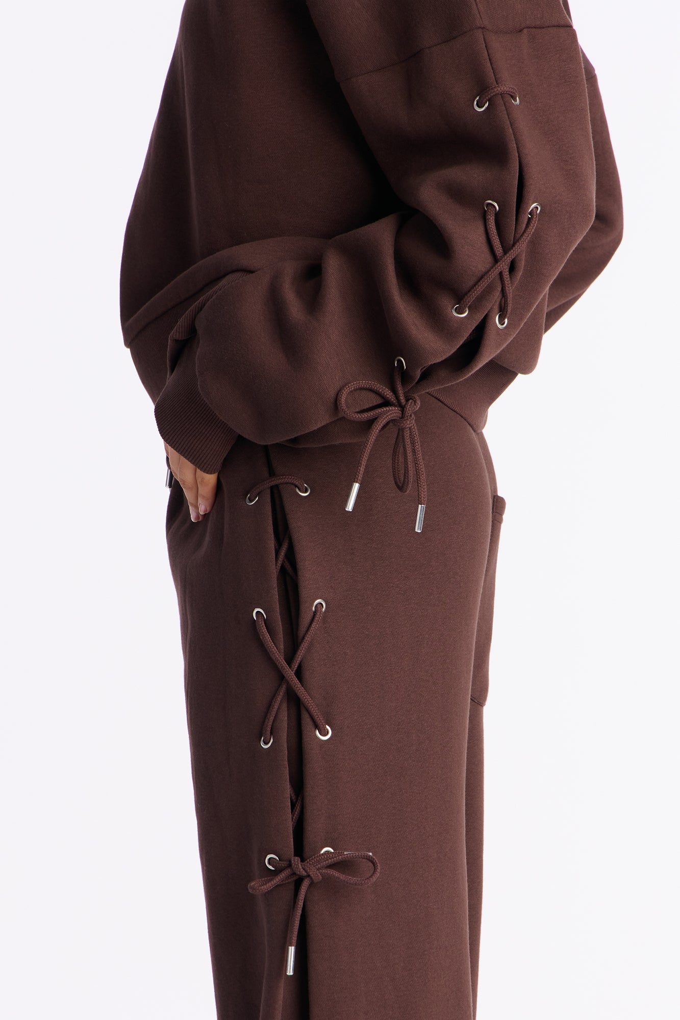 Caro Lace Up Sweatshirt Set - Brown