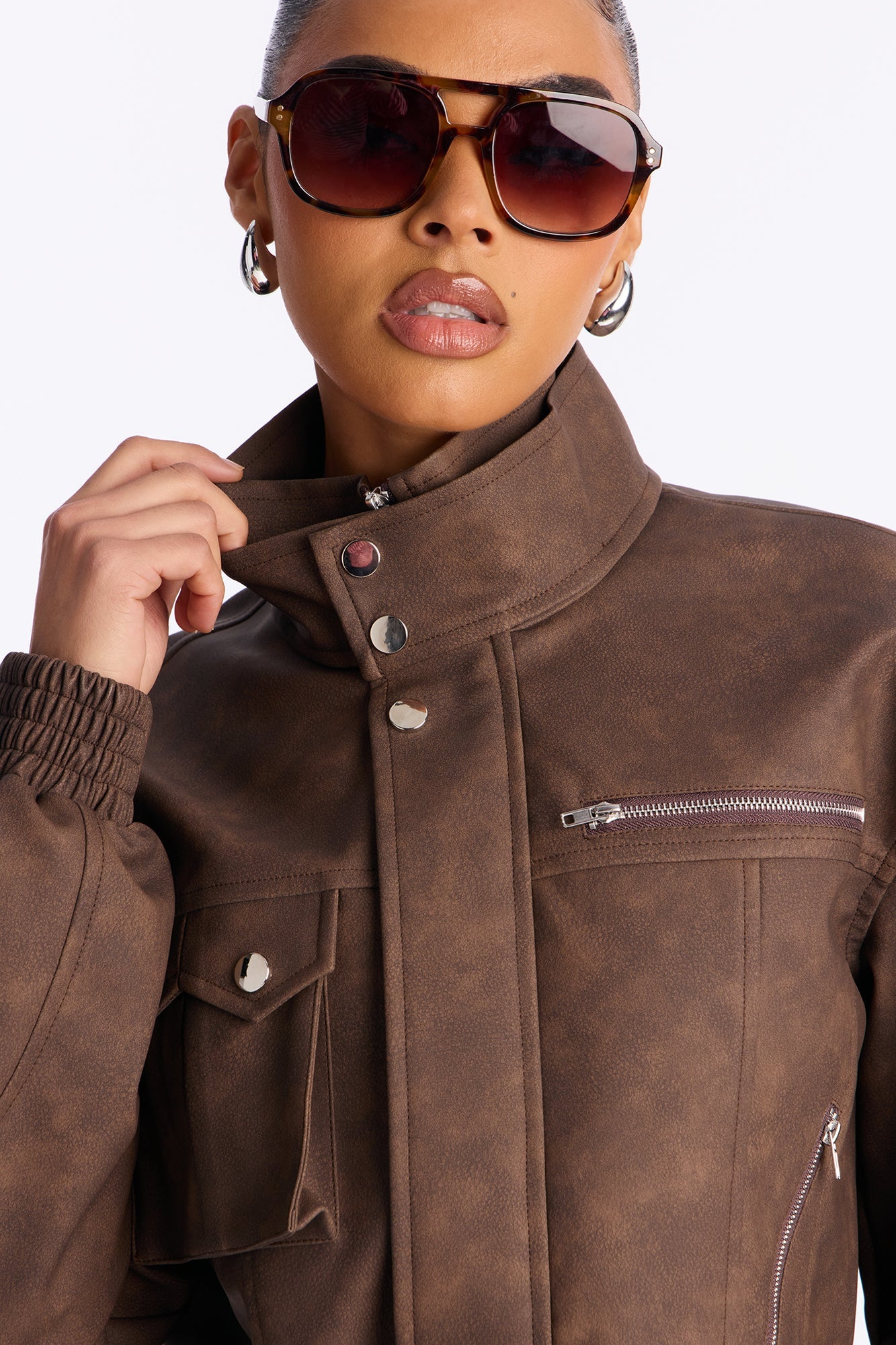 Take It Easy Faux Leather Skirt Set - Brown