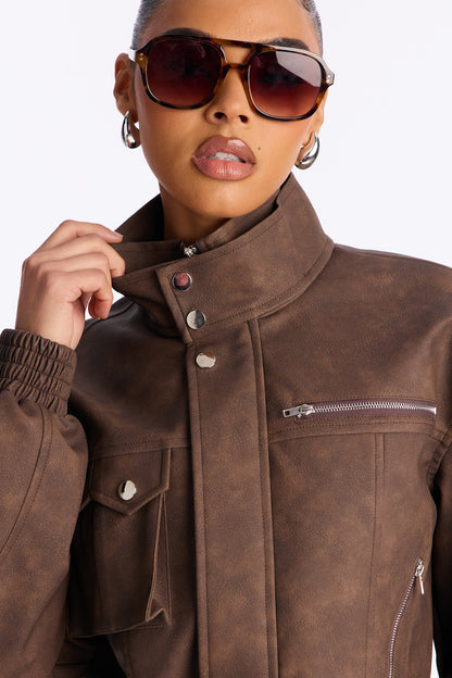Take It Easy Faux Leather Skirt Set - Brown