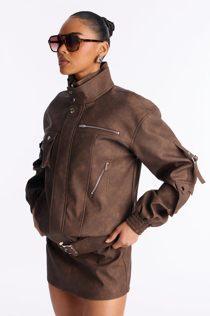 Take It Easy Faux Leather Skirt Set - Brown