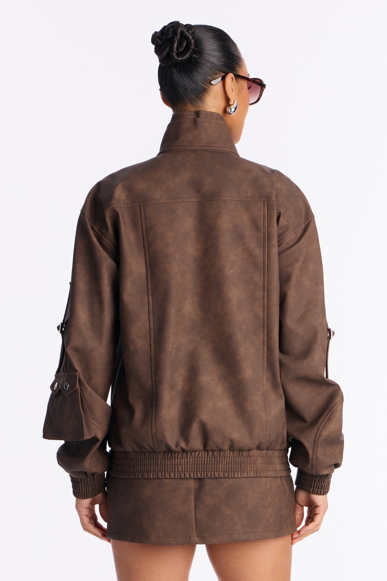 Take It Easy Faux Leather Skirt Set - Brown