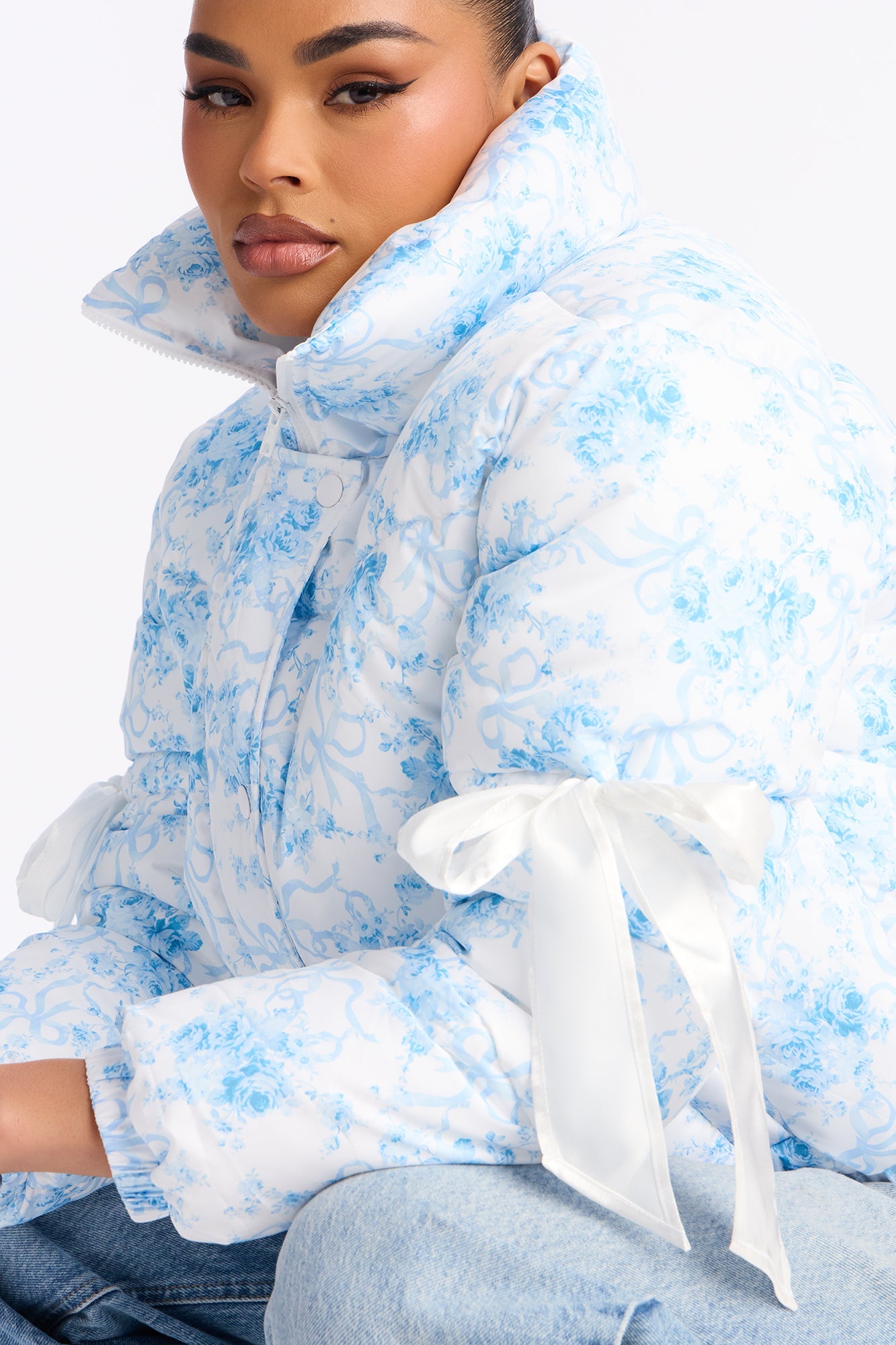 Coquette Touch Floral Puffer Jacket - White/combo