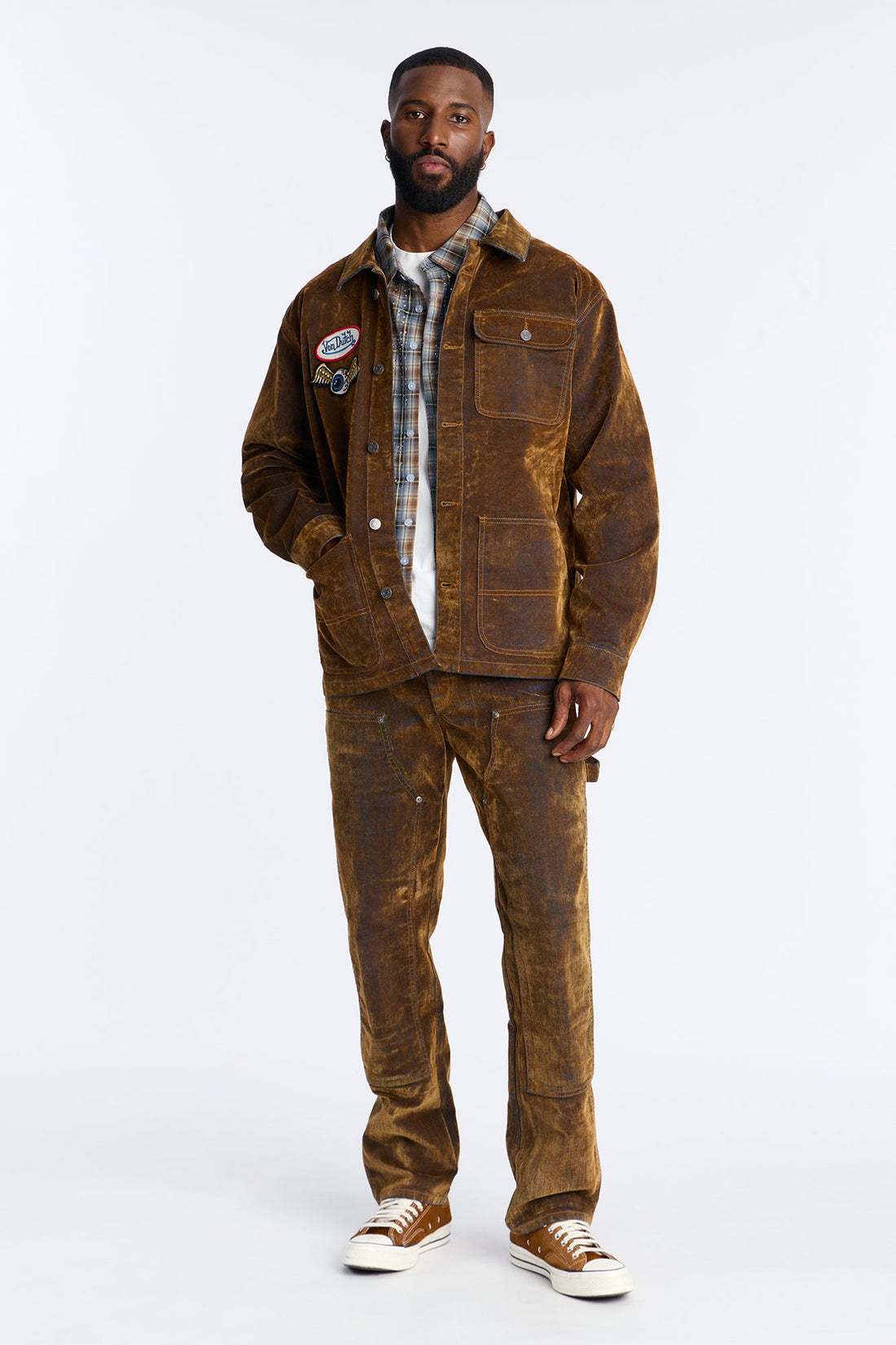 Von Dutch Flocked Chore Denim Jacket - Brown