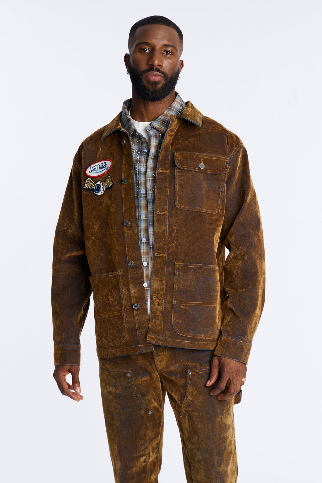 Von Dutch Flocked Chore Denim Jacket - Brown