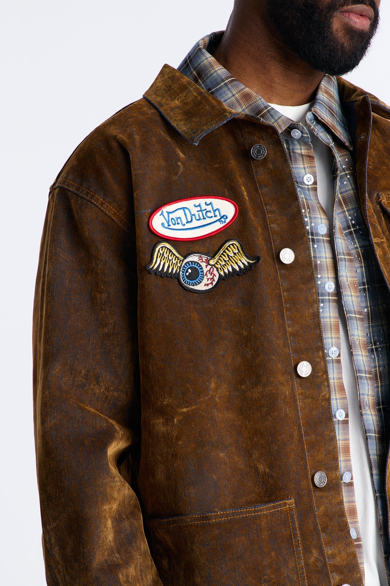 Von Dutch Flocked Chore Denim Jacket - Brown