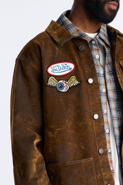 Von Dutch Flocked Chore Denim Jacket - Brown