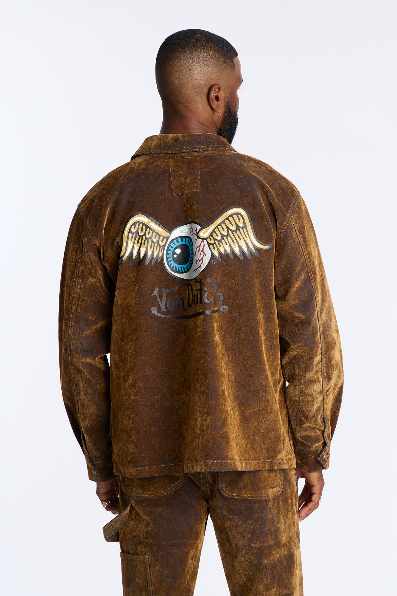 Von Dutch Flocked Chore Denim Jacket - Brown