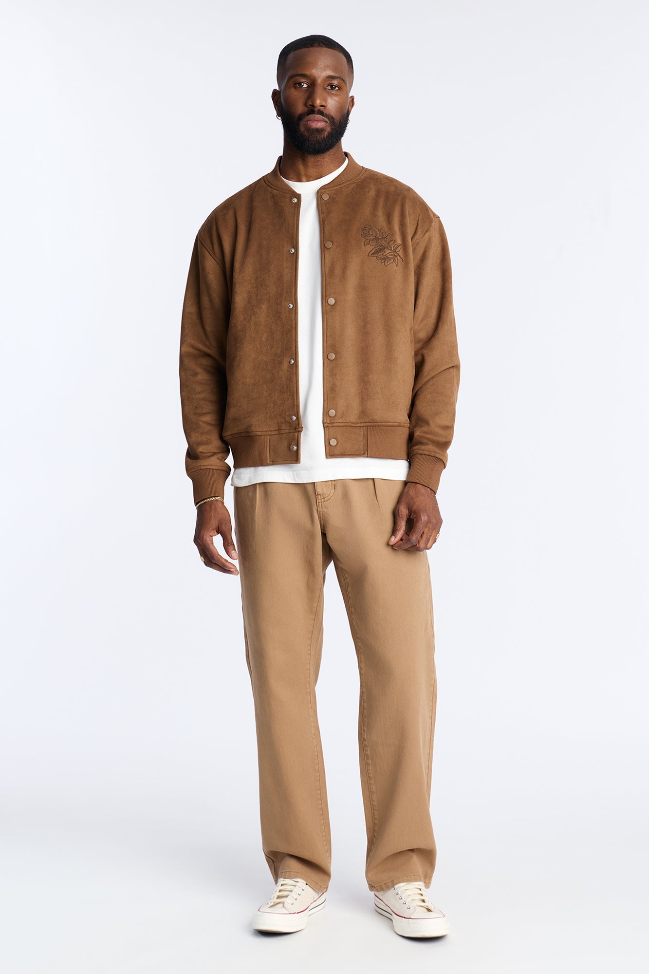 Faux Suede Embroidered Blossom Bomber Jacket - Tan