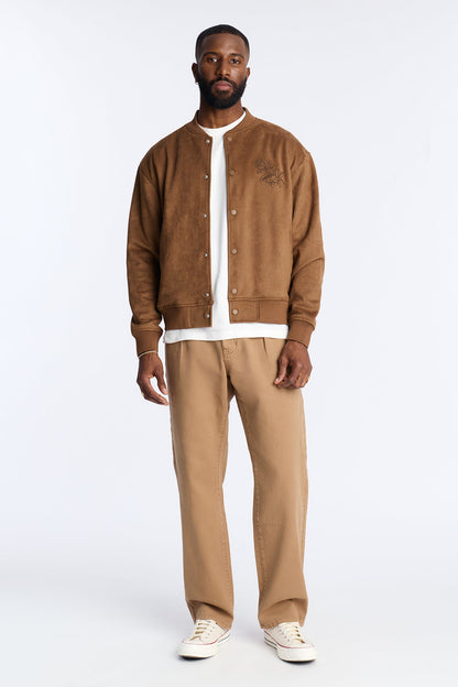 Faux Suede Embroidered Blossom Bomber Jacket - Tan