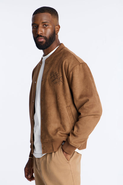 Faux Suede Embroidered Blossom Bomber Jacket - Tan