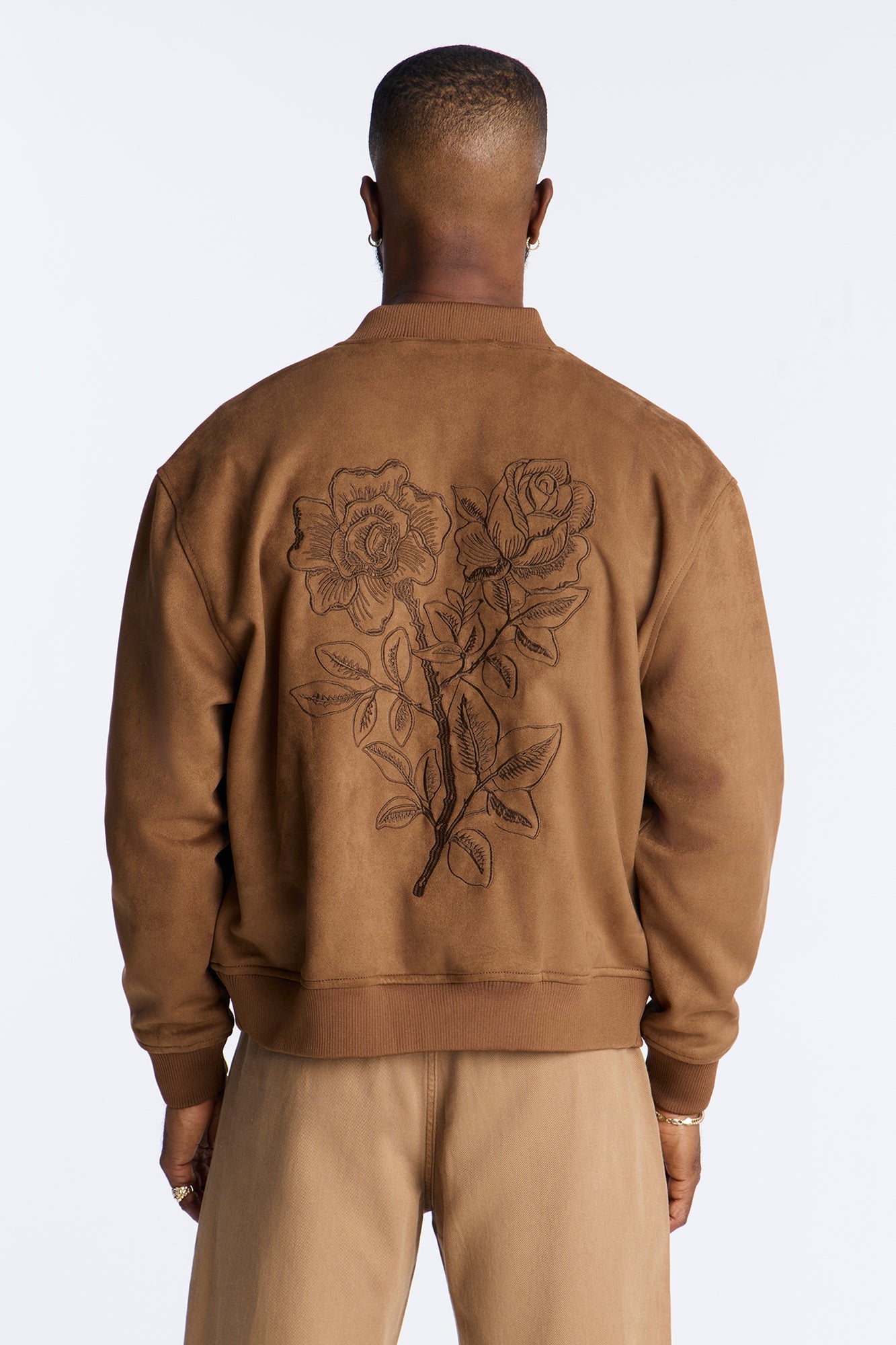 Faux Suede Embroidered Blossom Bomber Jacket - Tan
