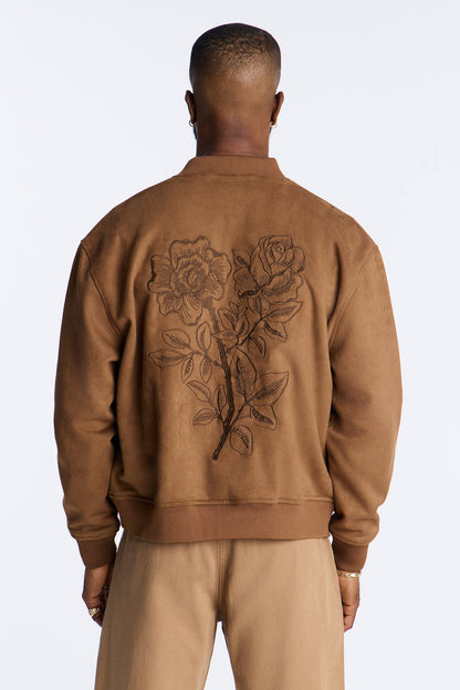 Faux Suede Embroidered Blossom Bomber Jacket - Tan