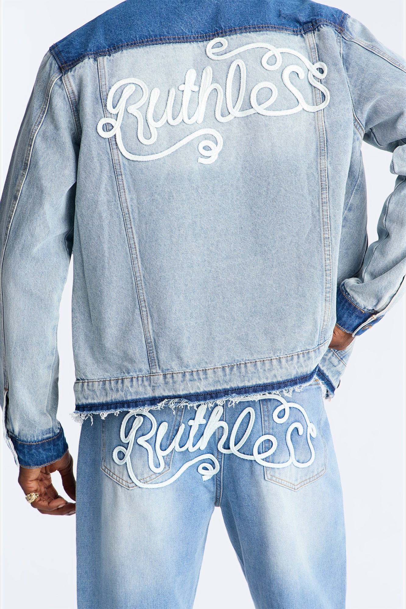 Ruthless Back Hit Denim Trucker Jacket - Light Blue Wash