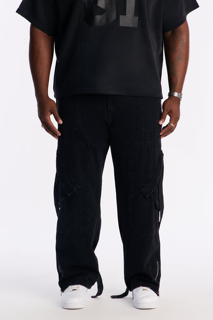 Relaxed Straight Paneled Cargo Jean - Black Wash