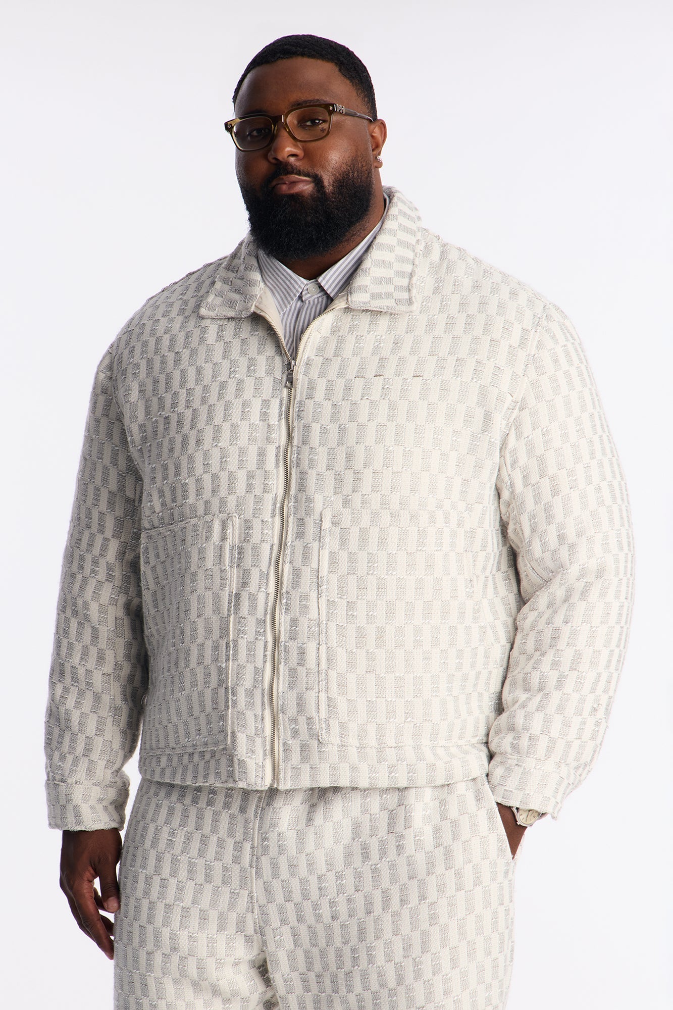 Relaxed Cropped Checker Work Jacket - Cream