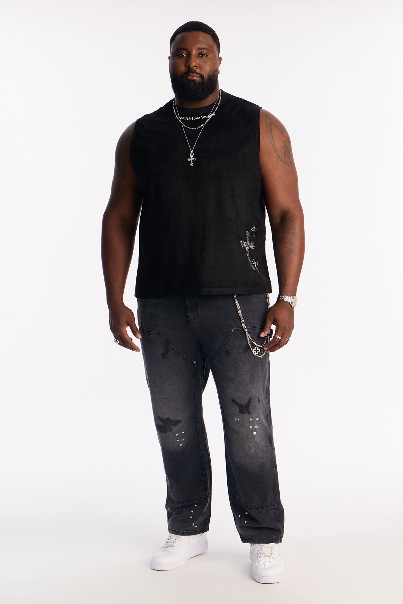 Studded Cross Faux Suede Muscle Tee - Black