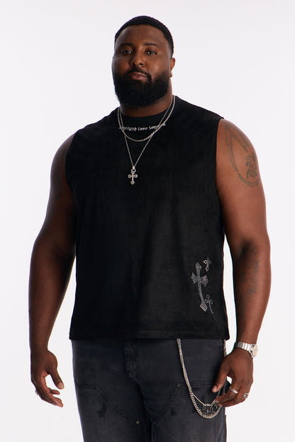 Studded Cross Faux Suede Muscle Tee - Black
