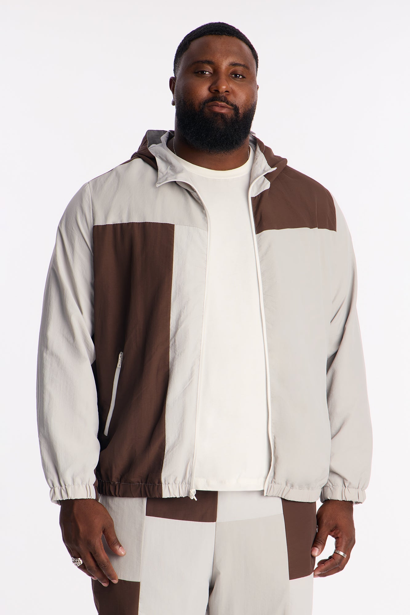 Relaxed Axel Color Block Funnel Neck Hooded Tech Jacket - Brown