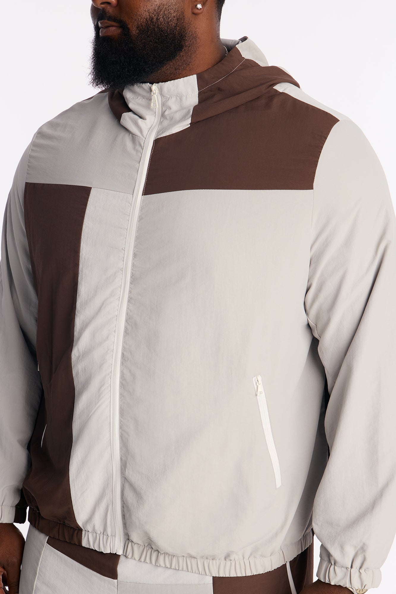 Relaxed Axel Color Block Funnel Neck Hooded Tech Jacket - Brown