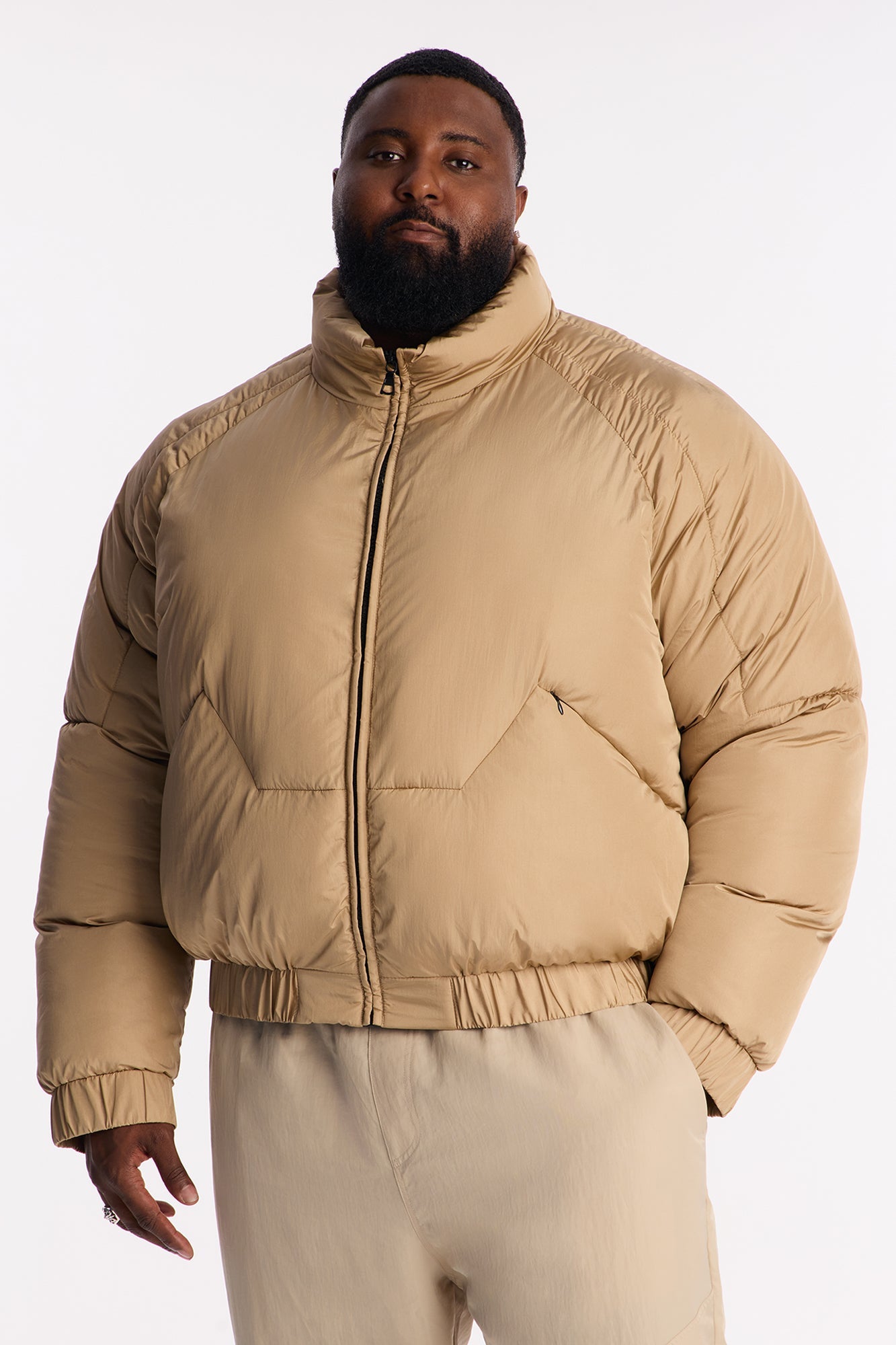 Cropped Look At Me Paneled Puffer Jacket - Tan